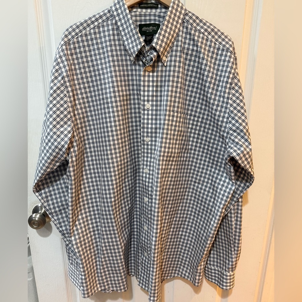 Eddie Bauer Blue Blk White Plaid Button Down Shirt Wrinkle Resistant LNWOT! XL T